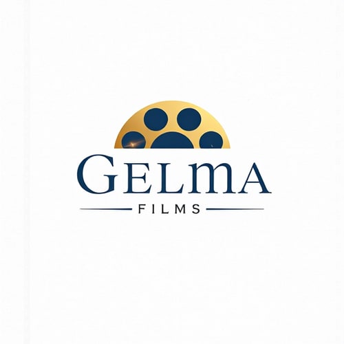 AI Design for Pictorial for a film production company named "Gelma Films": A stylized film reel with subtle, abstract light flares, a sophisticated palette of deep blues, golds, and muted grays, and a modern, elegant sans-serif typeface. Design with a cinematic and artistic influence, focusing on a clean, memorable, and impactful visual execution, on a subtle textured background.