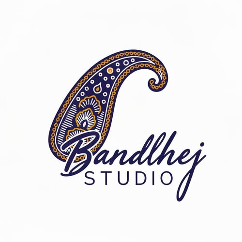 AI Design for Minimalist logo for a sari design company named "Bandhej Studio": Abstract representation of a paisley motif in a fluid, flowing form, symbolizing the drape of a sari and the intricate patterns of bandhej art. Color palette: Deep indigo, saffron yellow, and ivory white, evoking traditional Indian textiles and natural dyes. Typography: Elegant, hand-drawn script for "Bandhej Studio," with a slightly more modern sans-serif for "Studio." Design with an influence of traditional Indian block printing and contemporary art. Visual execution: Clean lines, subtle gradients, and a sense of organic movement. Background type: Clean white.