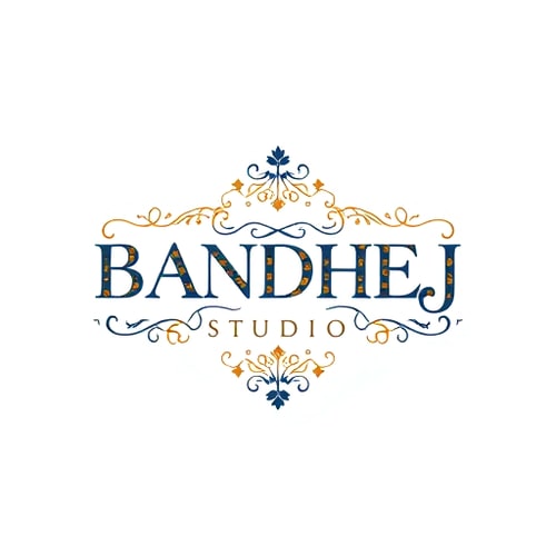 AI Design for Wordmark logo for a sari shop named "BANDHEJ STUDIO": featuring intricate, flowing typography that evokes the artistry of bandhej dyeing, paired with subtle geometric motifs inspired by traditional Indian patterns. Color palette of deep indigo, saffron, and gold, with accents of cream. Typography should be elegant and slightly calligraphic. Design with a focus on heritage and luxury, with a modern, sophisticated visual execution. Incorporate subtle textures that mimic woven fabric. White background.