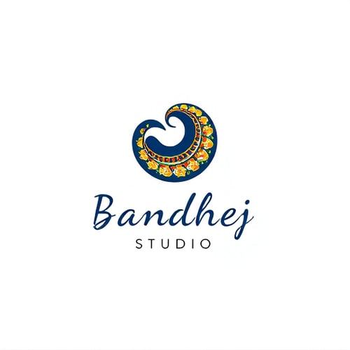 AI Design for Minimalist logo for a sari design company named "Bandhej Studio": Abstract representation of a paisley motif in a fluid, flowing form, symbolizing the drape of a sari and the intricate patterns of bandhej art. Color palette: Deep indigo, saffron yellow, and ivory white, evoking traditional Indian textiles and natural dyes. Typography: Elegant, hand-drawn script for "Bandhej Studio," with a slightly more modern sans-serif for "Studio." Design with an influence of traditional Indian block printing and contemporary art. Visual execution: Clean lines, subtle gradients, and a sense of organic movement. Background type: Clean white.