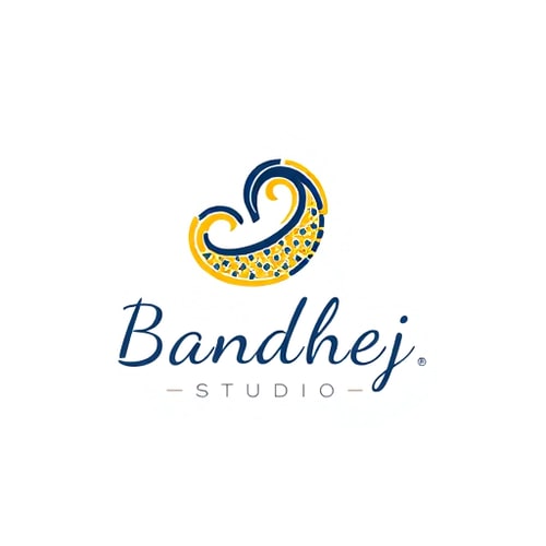 AI Design for Minimalist logo for a sari design company named "Bandhej Studio": Abstract representation of a paisley motif in a fluid, flowing form, symbolizing the drape of a sari and the intricate patterns of bandhej art. Color palette: Deep indigo, saffron yellow, and ivory white, evoking traditional Indian textiles and natural dyes. Typography: Elegant, hand-drawn script for "Bandhej Studio," with a slightly more modern sans-serif for "Studio." Design with an influence of traditional Indian block printing and contemporary art. Visual execution: Clean lines, subtle gradients, and a sense of organic movement. Background type: Clean white.