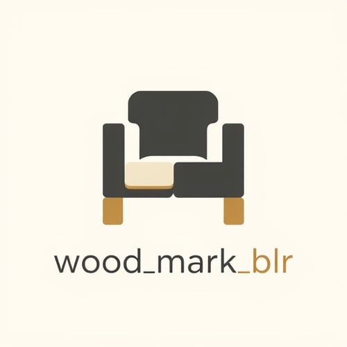 AI Design for Pictorial logo for furniture manufacturers named "wood_mark_blr": abstract interlocking shapes forming a stylized chair, representing modularity and design, Warm neutral palette of deep charcoal, creamy off-white, and subtle brushed gold accents, Elegant sans-serif typeface with rounded edges, Bauhaus influence with clean lines and geometric forms, sharp angles softened by subtle curves, a sense of refined craftsmanship, flat design with subtle gradients, transparent background.