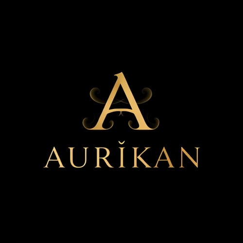 AI Design for Lettermark for a luxury, premium perfume brand named "AURÍKAN": A sophisticated and royal lettermark focusing on the brand name, emphasizing the accented "Í" with a subtle, integrated duality symbol. Use a minimal yet bold modern serif typography with a glossy finish. The design should evoke global premium fragrance house elegance (similar to Dior, Chanel, Tom Ford), with a symmetrical layout and clean, high-end fashion aesthetic. Visual execution will feature abstract smoke swirls subtly intertwined with a stylized monogram "A" or a balanced split design integrated into the typography. Color palette: black and gold or champagne gold on a dark background. Provide a high-resolution vector logo suitable for packaging and bottle labels, with a dark marble or gradient presentation background and a clean transparent version.