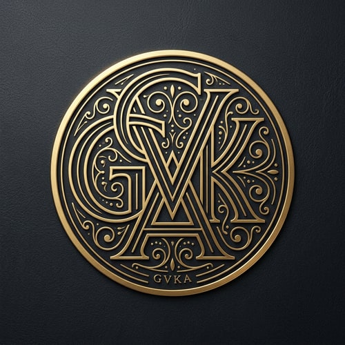 AI Design for Design a premium circular monogram logo using the initials "GVKA". Integrate the letters into a symmetrical emblem inside a perfect circle. Use elegant line work, fine detailing, and balanced spacing. The letters should interlock in an abstract yet structured way. Apply gold metallic texture on a dark background with subtle emboss effect. The design should resemble a high-end seal or signature mark.