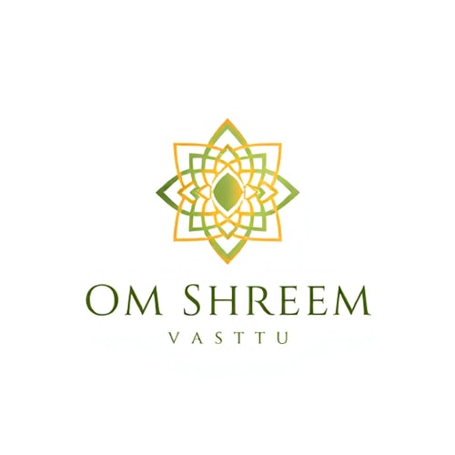 AI Design for Minimalist logo for a vastu (home science) business named "Om Shreem Vastu": abstract representation of cosmic energy and balance, earthy and serene tones like deep green, gold, and subtle brown, clean and elegant sans-serif font. Design inspired by sacred geometry and traditional Indian art, with interlocking lines forming a harmonious symbol, and a subtle gradient effect. Transparent background.