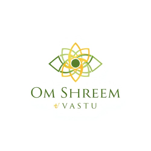 AI Design for Minimalist logo for a vastu (home science) business named "Om Shreem Vastu": abstract representation of cosmic energy and balance, earthy and serene tones like deep green, gold, and subtle brown, clean and elegant sans-serif font. Design inspired by sacred geometry and traditional Indian art, with interlocking lines forming a harmonious symbol, and a subtle gradient effect. Transparent background.