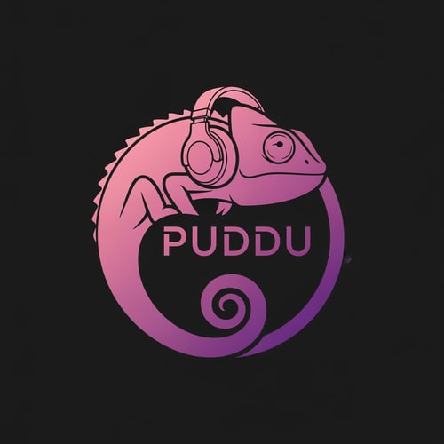 AI Design for A stylized chameleon wearing professional studio headphones integrated with the text "PUDDU" — Centered circular logo composition with clean vector lines and the chameleon's tail elegantly framing the name, Vibrant gradient palette transitioning from light pink to deep dark purple, Modern and high-energy mood with a sleek digital finish, Minimalist graphic design suitable for a music producer's social media profile, Keep text/logos/labels EXACTLY unchanged; no rewriting, redrawing, correcting, or adding any text; avoid fine photographic textures or complex 3D rendering, Solid matte black background.