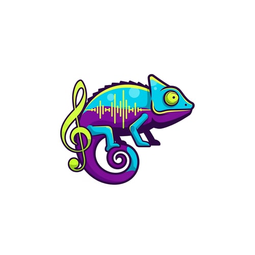 AI Design for An iconic chameleon mascot character for a music brand, featuring a tail elegantly coiled into the shape of a treble clef and skin patterns that mimic the visual rhythm of sound waves — A perfectly centered and balanced vector logo layout that focuses on a bold, unique silhouette and expressive posture, A vibrant and rhythmic palette featuring electric lime, cyan, and deep violet, An energetic and creative atmosphere with a polished and clean modern aesthetic, A minimalist flat vector illustration characterized by crisp outlines and simplified geometric forms, Exclude all headphones and external audio hardware to ensure the musical theme is expressed solely through the chameleon's unique anatomy and posture, A solid white background.