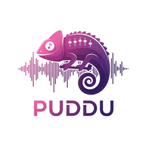 AI Design for i need a logo for my social account, i am a producer and my name is PUDDU my favourite colors move to light pink to dark purple, my favourite animal is the camileon