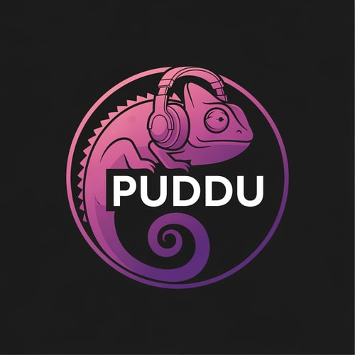 AI Design for A stylized chameleon wearing professional studio headphones integrated with the text "PUDDU" — Centered circular logo composition with clean vector lines and the chameleon's tail elegantly framing the name, Vibrant gradient palette transitioning from light pink to deep dark purple, Modern and high-energy mood with a sleek digital finish, Minimalist graphic design suitable for a music producer's social media profile, Keep text/logos/labels EXACTLY unchanged; no rewriting, redrawing, correcting, or adding any text; avoid fine photographic textures or complex 3D rendering, Solid matte black background.