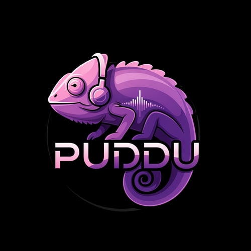 AI Design for i need a logo for my social account, i am a producer and my name is PUDDU my favourite colors move to light pink to dark purple, my favourite animal is the camileon