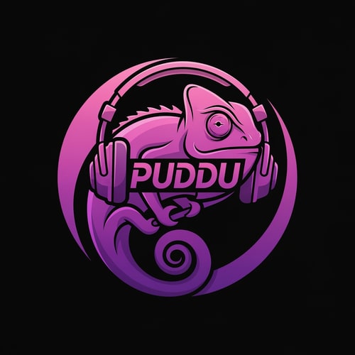 AI Design for A stylized chameleon wearing professional studio headphones integrated with the text "PUDDU" — Centered circular logo composition with clean vector lines and the chameleon's tail elegantly framing the name, Vibrant gradient palette transitioning from light pink to deep dark purple, Modern and high-energy mood with a sleek digital finish, Minimalist graphic design suitable for a music producer's social media profile, Keep text/logos/labels EXACTLY unchanged; no rewriting, redrawing, correcting, or adding any text; avoid fine photographic textures or complex 3D rendering, Solid matte black background.