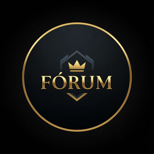 AI Design for A sophisticated luxury gaming community logo featuring the word "Fórum" in a sharp, modern serif typeface integrated with a minimalist crown or geometric emblem — Centered and symmetrical vector mark designed for a circular profile picture, viewed head-on — A prestigious palette of polished gold, matte black, and deep slate grey — High-contrast studio lighting with elegant metallic reflections and sharp rim highlights — Minimalist high-end graphic design with clean vector lines and subtle 3D depth — Keep the text "Fórum" EXACTLY unchanged; no rewriting, redrawing, correcting, or adding any text; avoid cluttered details — A solid, dark obsidian background with a subtle vignette.
