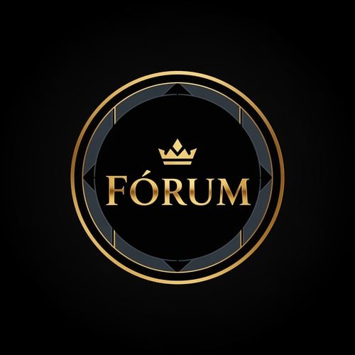 AI Design for A sophisticated luxury gaming community logo featuring the word "Fórum" in a sharp, modern serif typeface integrated with a minimalist crown or geometric emblem — Centered and symmetrical vector mark designed for a circular profile picture, viewed head-on — A prestigious palette of polished gold, matte black, and deep slate grey — High-contrast studio lighting with elegant metallic reflections and sharp rim highlights — Minimalist high-end graphic design with clean vector lines and subtle 3D depth — Keep the text "Fórum" EXACTLY unchanged; no rewriting, redrawing, correcting, or adding any text; avoid cluttered details — A solid, dark obsidian background with a subtle vignette.