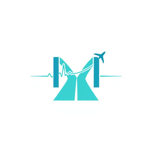AI Design for Concept: The letter M is formed from a heartbeat (ECG) line that smoothly transitions into a runway strip or airplane trail.
Symbolism: Health journey + travel path.
Style: Minimal flat or line-art.
Color idea: Teal (#008080), Blue (#007BFF), White background.
Mood: Smart, caring, professional.