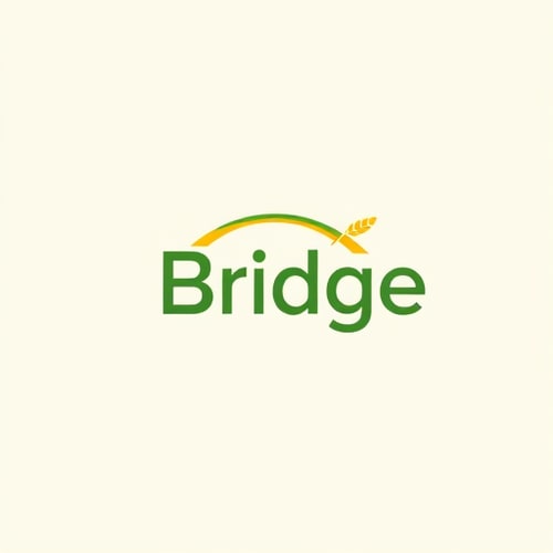 AI Design for Logo Design:Design a minimal and modern logo for a mobile app called 'Bridge'. The app is a quick-commerce platform for farmers to order essentials like wheat, milk, and groceries. Create a unique, abstract symbol that subtly combines a bridge shape with an agricultural touch (like a simple wheat line or leaf curve). Keep the design clean, geometric, and balanced with smooth edges. Use a bold sans-serif typeface for 'Bridge'. The logo must look timeless, scalable, and professional — suitable for an app icon, print, and digital branding. Color palette: fresh green with a hint of warm yellow or orange for energy.