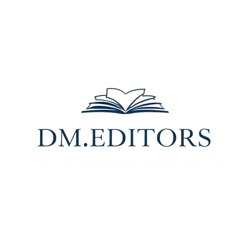 AI Design for Minimalist for a business focused on editorial services named "DM.EDITORS": Clean lines and abstract representation of pages or text, muted professional colors like navy, charcoal, and a subtle accent of gold, a modern sans-serif font. Design with a focus on precision and clarity, subtle negative space to suggest refinement, and a solid white background.