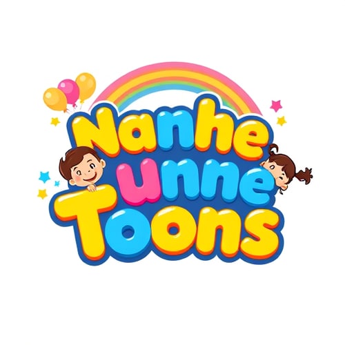 AI Design for "Design a colorful, playful, and cartoon-style logo for a kids YouTube channel called Nanhe Munne Toons.Make the text big, bubbly, and 3D rounded in bright colors (yellow, blue, pink, green).Place two cute smiling cartoon kids (one boy and one girl) around the text, looking happy.Add fun elements like balloons, rainbow, stars, and clouds to make it magical and cheerful.Style should be vibrant, modern, and eye-catching for children.The design must look perfect as a YouTube profile picture and banner.Keep background transparent so it works on any color backdrop."