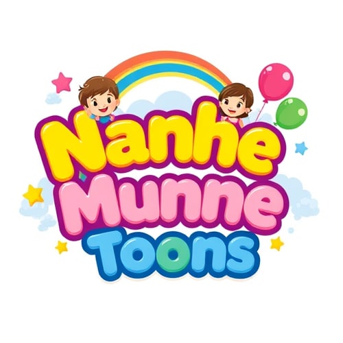 AI Design for "Cute, colorful 3D cartoon logo for kids YouTube channel 'Nanhe Munne Toons'. Big bubbly rounded text in bright colors (yellow, blue, pink, green). Two smiling cartoon kids (boy and girl) around the text. Add balloons, rainbow, stars, and clouds. Fun, cheerful, eye-catching style. Transparent background."