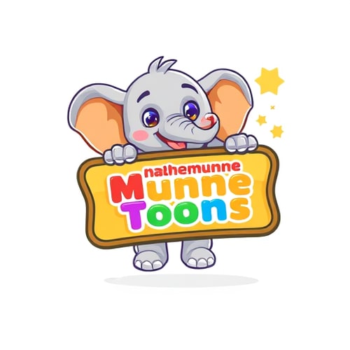 AI Design for "Design a mascot-based logo for Nanhe Munne Toons.Create a cute cartoon mascot character (a baby elephant, teddy, or panda) holding a colorful board with the text 'Nanhe Munne Toons'.Use vibrant colors like orange, blue, yellow, and green.Style should be playful, detailed, and full of energy, perfect for children’s rhymes and cartoons.Add decorative elements like stars, clouds, or sparkles.Background: transparent for easy use."