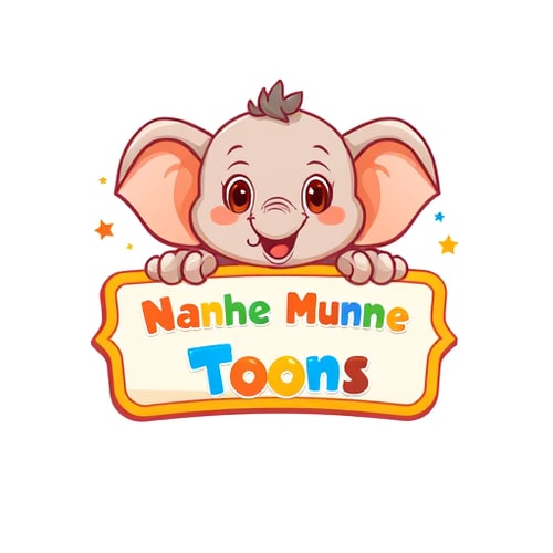 AI Design for "Design a mascot-based logo for Nanhe Munne Toons.Create a cute cartoon mascot character (a baby elephant, teddy, or panda) holding a colorful board with the text 'Nanhe Munne Toons'.Use vibrant colors like orange, blue, yellow, and green.Style should be playful, detailed, and full of energy, perfect for children’s rhymes and cartoons.Add decorative elements like stars, clouds, or sparkles.Background: transparent for easy use."