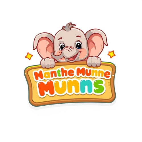 AI Design for "Design a mascot-based logo for Nanhe Munne Toons.Create a cute cartoon mascot character (a baby elephant, teddy, or panda) holding a colorful board with the text 'Nanhe Munne Toons'.Use vibrant colors like orange, blue, yellow, and green.Style should be playful, detailed, and full of energy, perfect for children’s rhymes and cartoons.Add decorative elements like stars, clouds, or sparkles.Background: transparent for easy use."