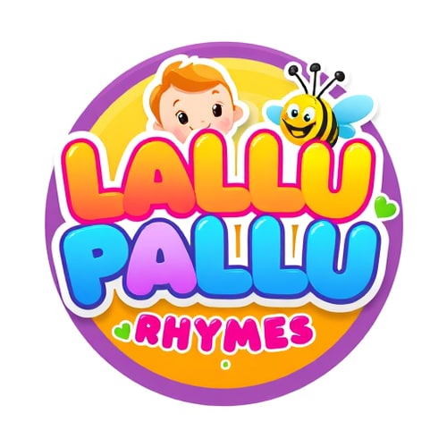 AI Design for  A 3D, colorful kids-cartoon style logo featuring:Text: “LALLU PALLU RHYMES” in big, soft, rounded bubble letters.“LALLU PALLU” in bright pink and yellow gradient letters with a glossy 3D effect.“RHYMES” in sky-blue bubble letters.Characters & elements:A cute baby character with orange hair smiling from behind the top of the text.A friendly 3D bee with yellow and black stripes, blue wings, and tiny antennae flying near the letters.Small green heart shapes as decorative accents.Background:Vibrant circular badge with a warm orange-to-yellow gradient center and a purple border.Style & lighting:Bright, cheerful, children’s animation look.Smooth 3D shading, playful and glossy finish, suitable for a kids rhymes YouTube channel logo.