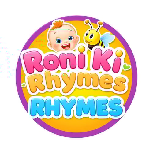 AI Design for A 3D, colorful kids-cartoon style logo featuring:Text: “Roni Ki Rhymes” in big, soft, rounded bubble letters.“Roni Ki Rhymes” in bright pink and yellow gradient letters with a glossy 3D effect.“RHYMES” in sky-blue bubble letters.Characters & elements:A cute baby character with orange hair smiling from behind the top of the text.A friendly 3D bee with yellow and black stripes, blue wings, and tiny antennae flying near the letters.Small green heart shapes as decorative accents.Background:Vibrant circular badge with a warm orange-to-yellow gradient center and a purple border.Style & lighting:Bright, cheerful, children’s animation look.Smooth 3D shading, playful and glossy finish, suitable for a kids rhymes YouTube channel logo.