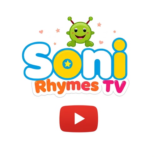 AI Design for "A colorful, fun, and playful kids YouTube channel logo design. The text says Soni Rhymes TV in bold, rounded cartoon-style font. The word Soni is in white with a smiling yellow emoji face inside the letter O, and the word Rhymes is in bright yellow with a thick blue outline. The word TV is small below in pink color. Above the text, a cute green cartoon alien with stars around it is sitting playfully. Background is clean white with small pink heart icons and cheerful elements. At the bottom, the official red YouTube play button icon with the word 'YouTube'. The whole design should look bright, attractive, kid-friendly, and perfect for a rhymes/children's channel logo."