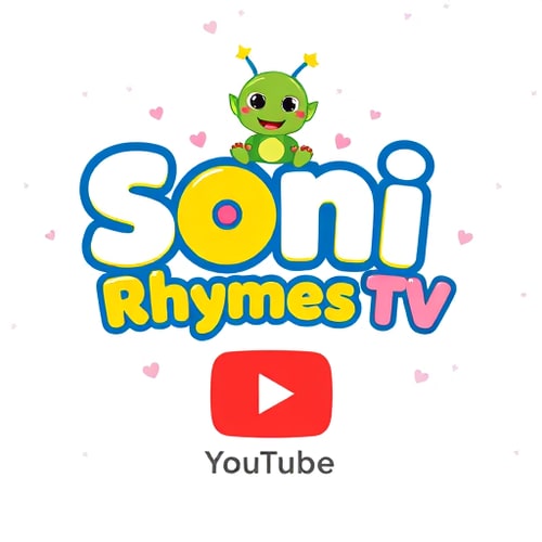 AI Design for "A colorful, fun, and playful kids YouTube channel logo design. The text says Soni Rhymes TV in bold, rounded cartoon-style font. The word Soni is in white with a smiling yellow emoji face inside the letter O, and the word Rhymes is in bright yellow with a thick blue outline. The word TV is small below in pink color. Above the text, a cute green cartoon alien with stars around it is sitting playfully. Background is clean white with small pink heart icons and cheerful elements. At the bottom, the official red YouTube play button icon with the word 'YouTube'. The whole design should look bright, attractive, kid-friendly, and perfect for a rhymes/children's channel logo."