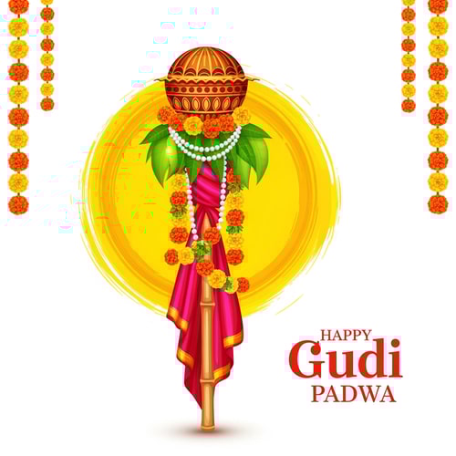 AI Design for “A festive Gudi Padwa celebration illustration featuring a traditional Gudi. The Gudi is made with a long bamboo stick draped in a vibrant red and pink silk cloth, decorated with marigold flower garlands, green mango leaves, and a string of white beads. On top sits a shiny copper kalash with intricate patterns. Behind it, there is a bright, artistic yellow paint stroke circle giving a divine and energetic festive feel. Floral garlands hang on both sides. Clean white background with elegant text ‘Happy Gudi Padwa’ in stylish red typography.”