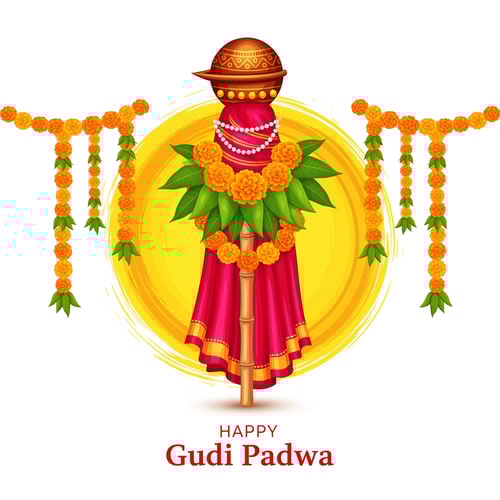 AI Design for “A festive Gudi Padwa celebration illustration featuring a traditional Gudi. The Gudi is made with a long bamboo stick draped in a vibrant red and pink silk cloth, decorated with marigold flower garlands, green mango leaves, and a string of white beads. On top sits a shiny copper kalash with intricate patterns. Behind it, there is a bright, artistic yellow paint stroke circle giving a divine and energetic festive feel. Floral garlands hang on both sides. Clean white background with elegant text ‘Happy Gudi Padwa’ in stylish red typography.”