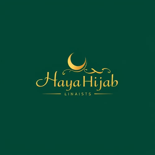 AI Design for Design an elegant and minimal premium logo for a modest wear brand named Haya Hijab. Use a luxurious emerald green background with golden typography and accents with arabic inspired calligraphy. The logo should feature a clean, modern serif or Arabic-inspired font for the text. Integrate subtle elements such as a crescent moon, flowing hijab silhouette, or abstract fabric lines to symbolize grace and modesty. Keep the design minimal yet stylish, focusing on sophistication and luxury branding suitable for high-end fashion.