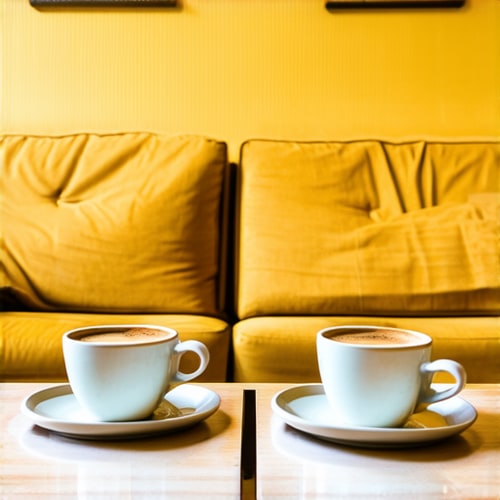 AI Design for Two cups of coffee on table, cozy home atmosphere, yellow background, for logo with space for text in the middle. add couch behind cups. make couch lower. make table smooth and remove those lines