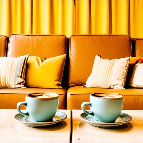 AI Design for Two cups of coffee on table, cozy home atmosphere, yellow background, for logo with space for text in the middle. add couch behind cups. make couch lower. make table smooth and remove those lines