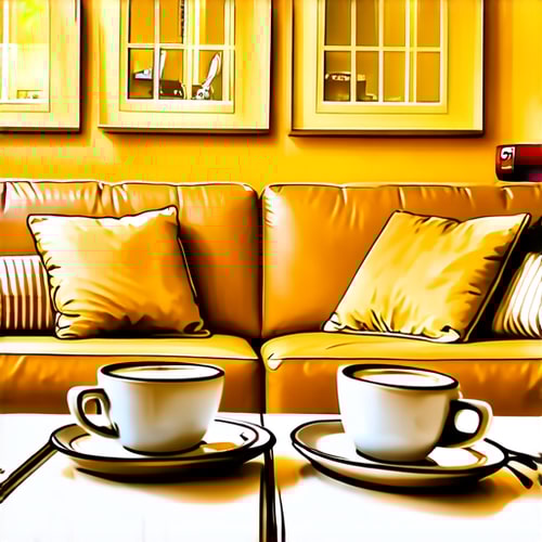 AI Design for Two cups of coffee on table, cozy home atmosphere, yellow background, for logo with space for text in the middle. add couch behind cups. make couch lower. make table smooth and remove those lines