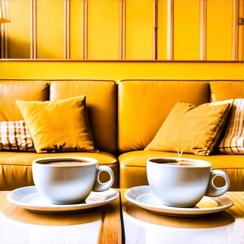 AI Design for Two cups of coffee on table, cozy home atmosphere, yellow background, for logo with space for text in the middle. add couch behind cups. make couch lower