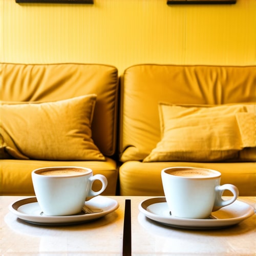 AI Design for Two cups of coffee on table, cozy home atmosphere, yellow background, for logo with space for text in the middle. add couch behind cups. make couch lower