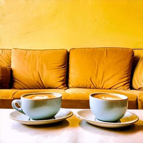 AI Design for Two cups of coffee on table, cozy home atmosphere, yellow background, for logo with space for text in the middle. add couch behind cups. make couch lower