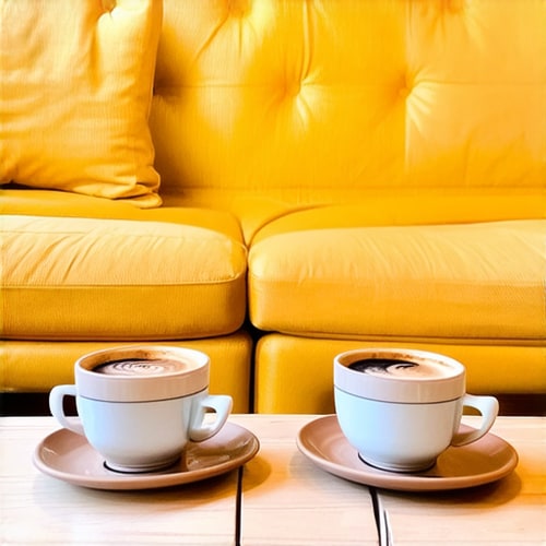 AI Design for Two cups of coffee on table, cozy home atmosphere, yellow background, for logo with space for text in the middle. add couch behind cups. make couch lower