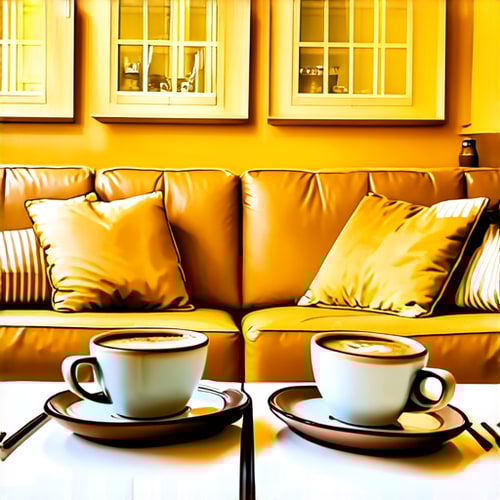 AI Design for Two cups of coffee on table, cozy home atmosphere, yellow background, for logo with space for text in the middle. add couch behind cups. make couch lower