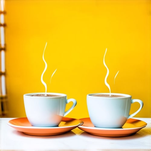 AI Design for Two cups of coffee on table, cozy home atmosphere, yellow background, for logo with space for text in the middle