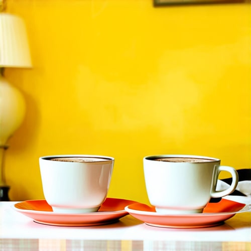 AI Design for Two cups of coffee on table, cozy home atmosphere, yellow background, for logo with space for text in the middle