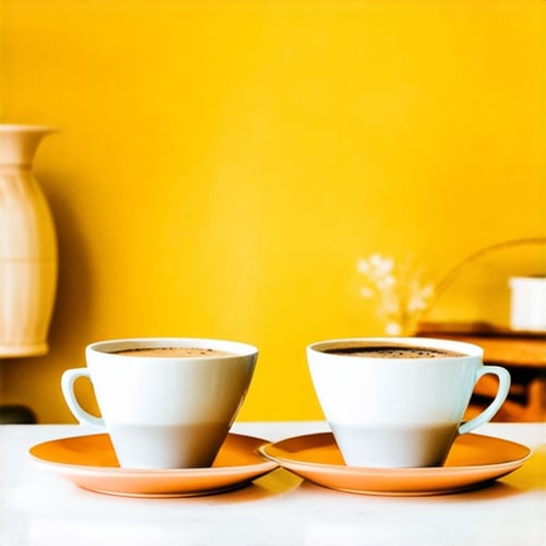 AI Design for Two cups of coffee on table, cozy home atmosphere, yellow background, for logo with space for text in the middle