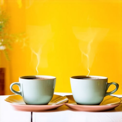 AI Design for Two cups of coffee on table, cozy home atmosphere, yellow background, for logo with space for text in the middle