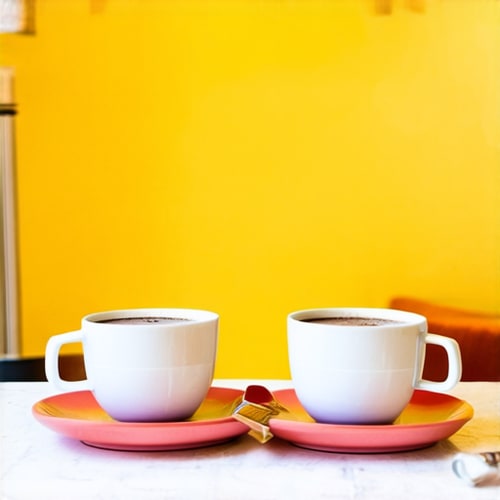 AI Design for Two cups of coffee on table, cozy home atmosphere, yellow background, for logo with space for text in the middle