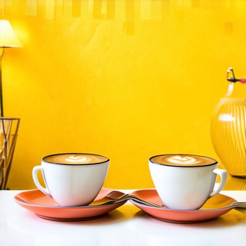 AI Design for Two cups of coffee on table, cozy home atmosphere, yellow background, for logo with space for text in the middle