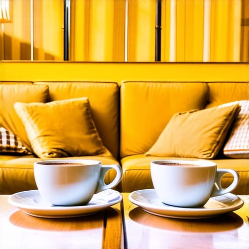 AI Design for Two cups of coffee on smooth wooden table, cozy home atmosphere, yellow background, for logo with space for text in the middle. add couch behind cups. make couch lower