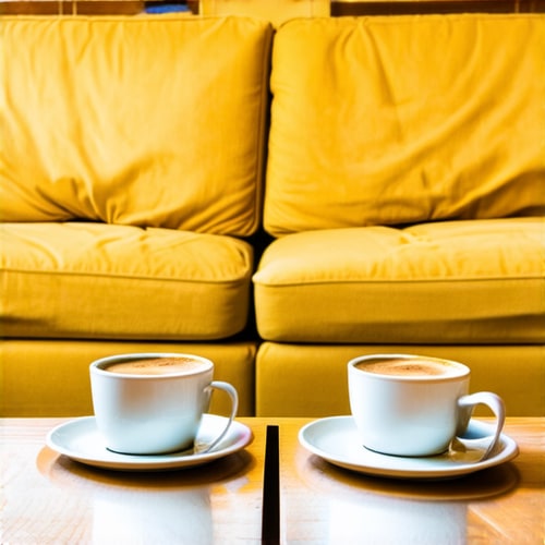 AI Design for Two cups of coffee on smooth wooden table, cozy home atmosphere, yellow background, for logo with space for text in the middle. add couch behind cups. make couch lower