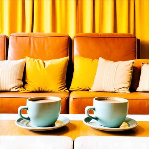 AI Design for Two cups of coffee on smooth wooden table, cozy home atmosphere, yellow background, for logo with space for text in the middle. add couch behind cups. make couch lower